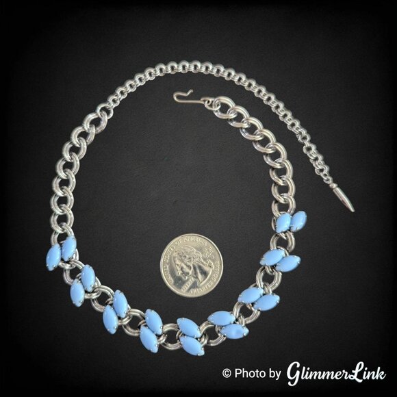 Vintage Blue Marquise Glass Cabochon Silver Tone Small Fit Choker Necklace - Picture 5 of 10
